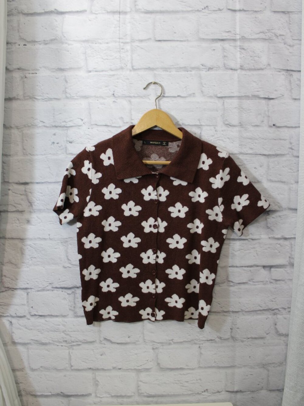 Hesperus Large Brown White Floral Collared Button Front Casual Knit Retro Blouse